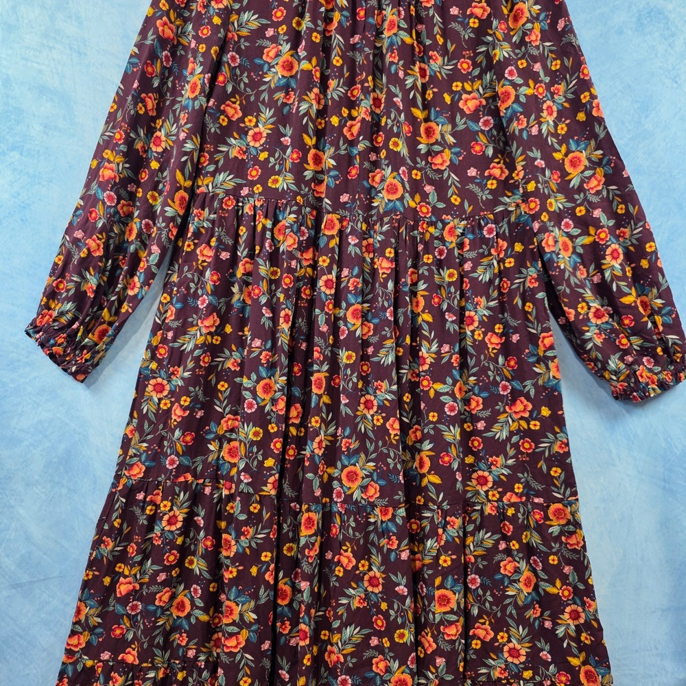Old Navy Womens Floral Tiered Midi Dress Burgundy Long Sleeve Maroon Size M - Picture 4 of 9